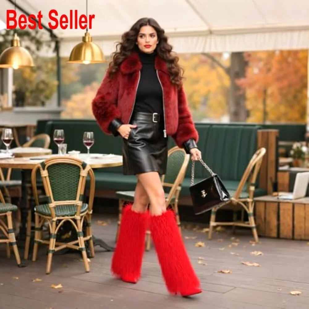 Faux Fur Knee High Boots with Stiletto Heel and Pointed Toe